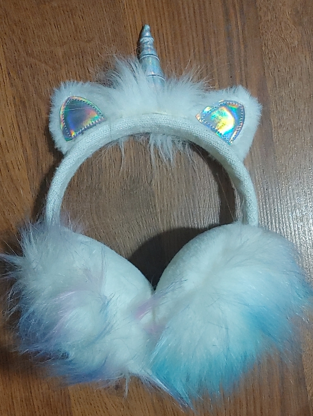 White Unicorn Faux Fur Ear Muffs with Holographic Ears